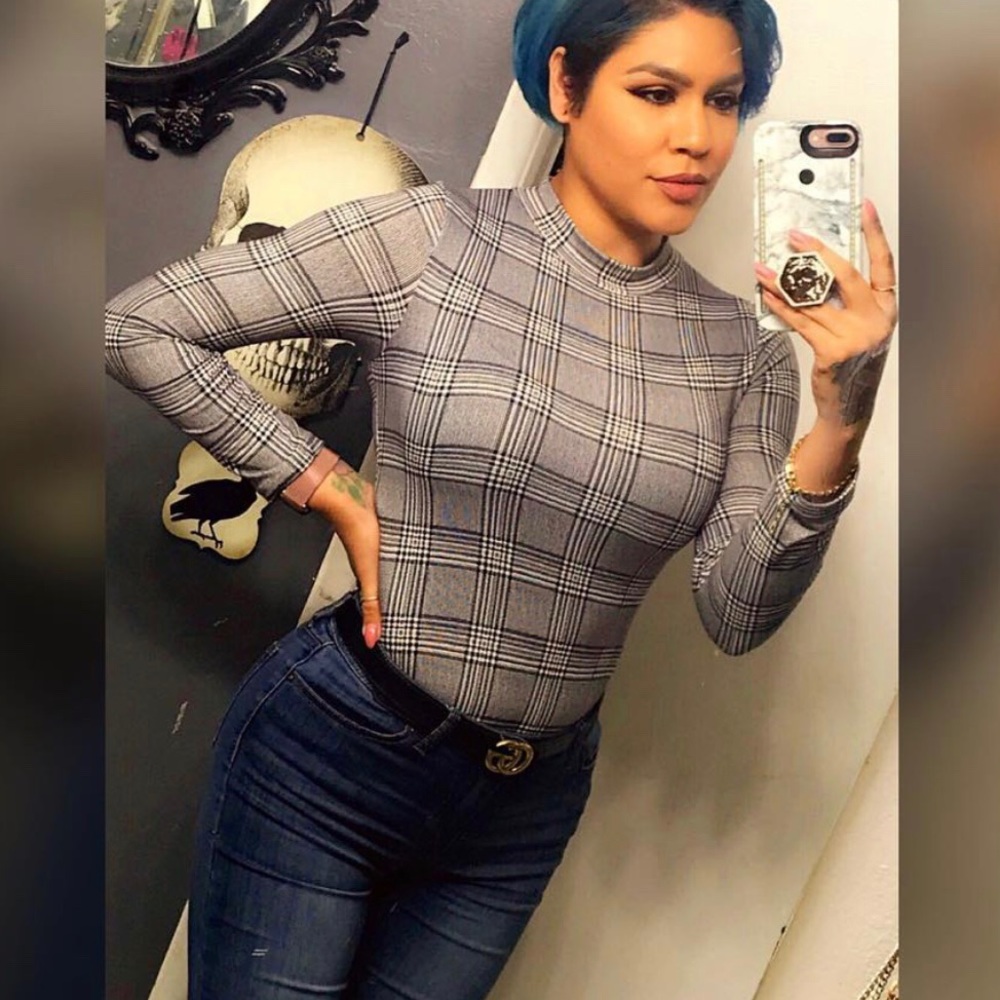 Black white gray plaid body suit